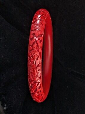 Vintage Carved‎ Floral Red Cinnabar Bangle Bracelet for Women